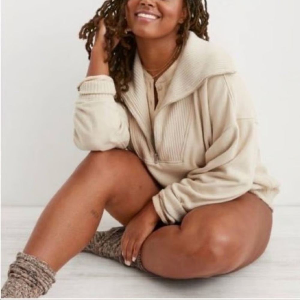 Aerie Cream Down To Earth‎ Quarter Zip Sweatshirt